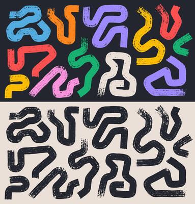 Abstract shapes in doodle grunge style brush in multi colored, black and white. Squiggles, circles, infinity sign, dots and wavy bold lines set. Collection of with colorful geometric elements.