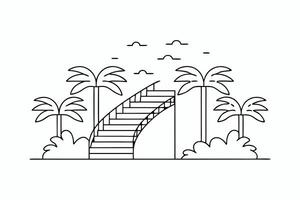 Outline Bridge Across Palm Trees with Bushes and Clouds on Transparent Background vector