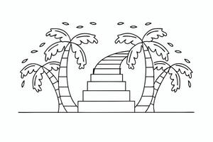 Linear Art Island Paradise with Palms and Steps Design on Transparent Background vector