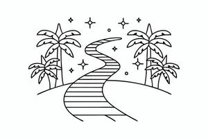 Line art pathway with palm trees and star elements vector