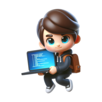 Cute 3D Cartoon Boy Programmer Holding Laptop with Code Adorable Developer Character in Hoodie and Backpack Isolated on Transparent Background png