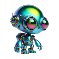Cute Futuristic Cartoon Robot with Colorful Metallic Design 3D Sci Fi Character with Big Eyes and Antenna Isolated on Transparent Background for Tech and Game Concepts png