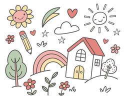 P drawings of trees , house and flowers in crayon vector
