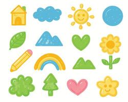 Hand drawn playful doodles of a mountain and rainbow vector