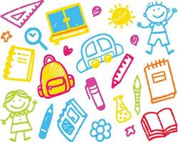 vibrant doodles of school items and objects vector