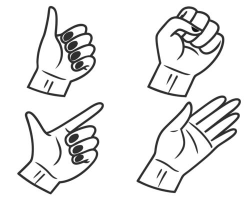 Hand Gestures Thumbs Up, Fist, Pointing, Open Hand in Line Art