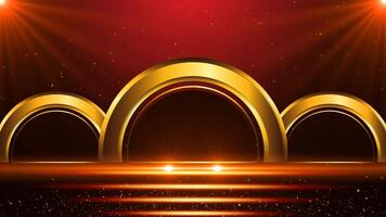 golden stage with glowing lights particles red background video