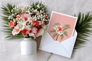 Tropical greeting card with palm tree and flowers coming out of an envelope near a bouquet photo