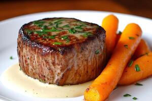 Seared steak topped with herb butter and glazed carrots sitting on a white plate photo
