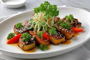 Delicious fried eggplant with sesame seeds, soy sauce, spring onions and parsley lying on white plate photo