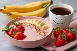 Pink smoothie bowl with banana slices, strawberries and sprinkles enjoying a healthy breakfast with coffee photo
