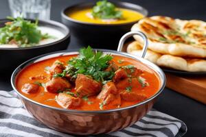 Chicken tikka masala garnished with coriander served with naan bread and other indian food photo