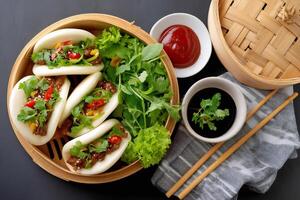 Delicious bao buns are ready to be eaten with soy sauce and ketchup photo