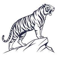 a tiger standing on a rock with its mouth open vector