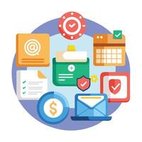 a flat icon of various items including a check, envelope, and money vector