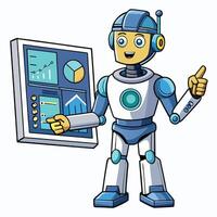 a cartoon robot white background white backgroundholding a board with graphs and charts vector
