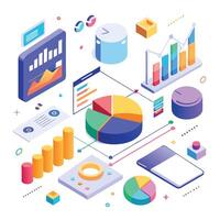 isometric data visualization concept with pie chart, bar graph, bar chart, bar chart, pie vector