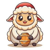 cute sheep holding a barrel of wine vector