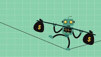 Animation of AI robot walking on a tightrope balancing money bags, symbolizing financial risk management and technology in finance. video