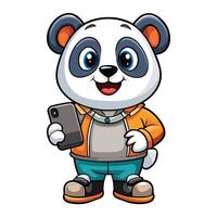 a cartoon panda bear holding cell phone white background vector
