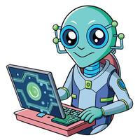 an alien is sitting at a computer with a laptop vector