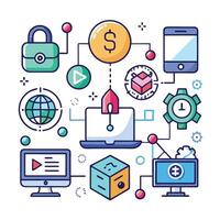 the icons are connected to a computer and other items vector