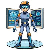a cartoon robot standing in front of a computer screen vector