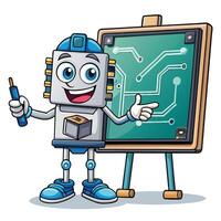 a cartoon robot character pointing at a blackboard vector