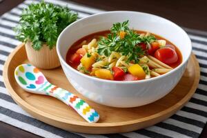 Tomato soup with pasta and vegetables garnished with parsley served for kids photo