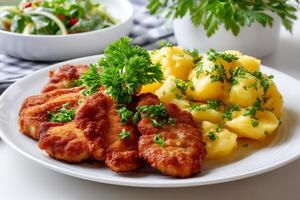 Crispy breaded chicken cutlets garnished with parsley served with boiled potatoes photo