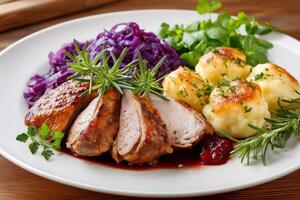 Roasted duck breast with red cabbage, dumplings and cranberry sauce decorating with rosemary photo