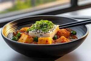 Delicious kimchi stew with tofu, chives and sesame seeds in a black bowl with chopsticks photo