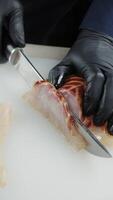 Chef slicing smoked fish fillet with sharp knife video