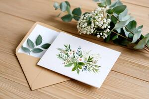 Wedding invitation card with envelope and eucalyptus leaves resting on a wooden table photo