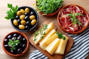 Mediterranean appetizer with sliced cheese, prosciutto, black and green olives and arugula photo