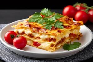 Delicious lasagne bolognese with melted cheese and cherry tomatoes garnished with parsley photo
