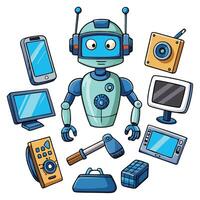 robot with various electronic devices and gadgets vector