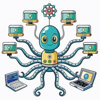 octopus with laptop and computer on white background vector