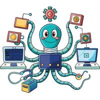 an octopus with a computer and other devices vector
