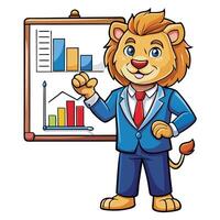 a cartoon lion business man pointing at a board with a chart vector