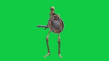 Skeleton with sword and shield walking forward, warrior skeleton troops defensive movement loop animation isolated on green screen background video