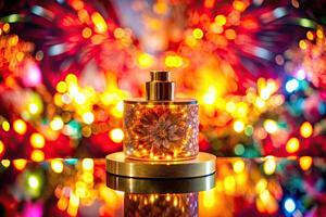 Perfume bottle set against a backdrop of colorful bokeh lights. photo