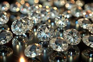 Sparkling diamonds scattered on a reflective surface. photo