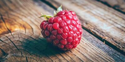 Fresh raspberry resting on a rustic wooden surface. photo