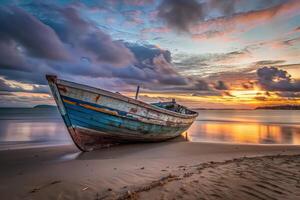 Abandoned boat resting on a serene sandy shore. photo