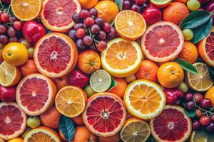 Array of fresh citrus fruits and berries. photo