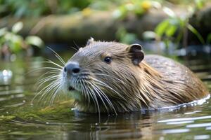 Capybara swimming peacefully in a pond. photo