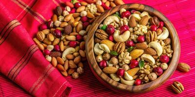 Assortment of nuts and cranberries in a bowl. photo