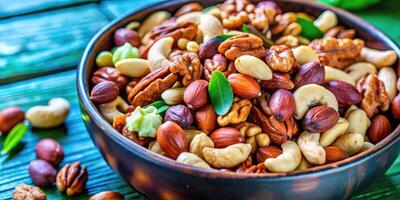 Bowl of mixed nuts and dried fruits on a table. photo