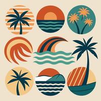 retro style palm trees and waves illustration vector